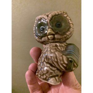 Vintage Owl playing Accordian Figurine Made in Japan, Green Flower Eyes